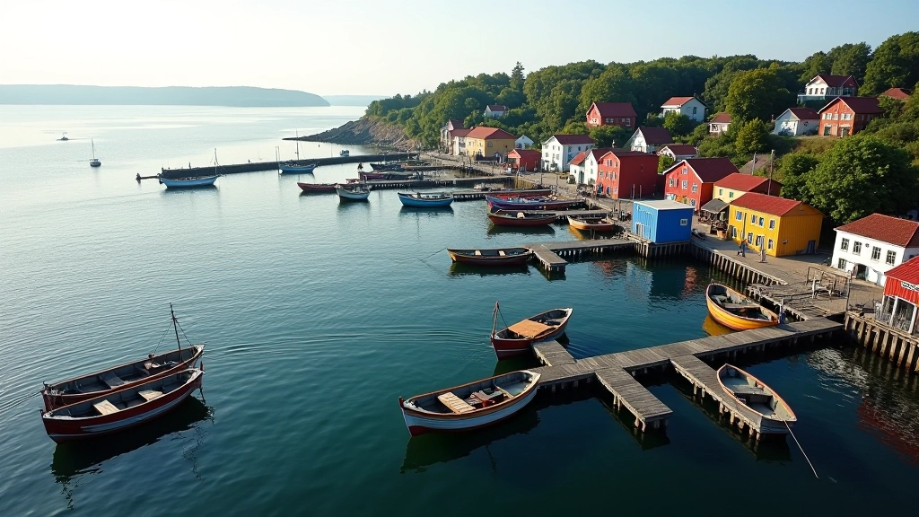 Skats uz Pāvilostas osti ar zvejniecības laivām un tradicionālajām māju rindām krasta līnijā