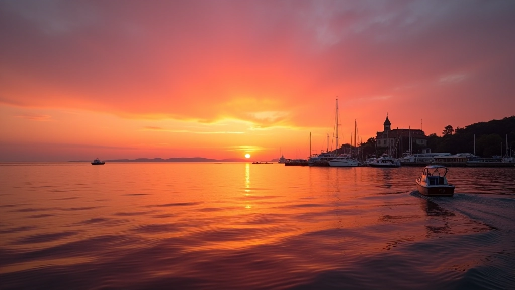 Saule ritniekā pār jūras horizonta, oranžs un sarkans debesu nokrāsojums